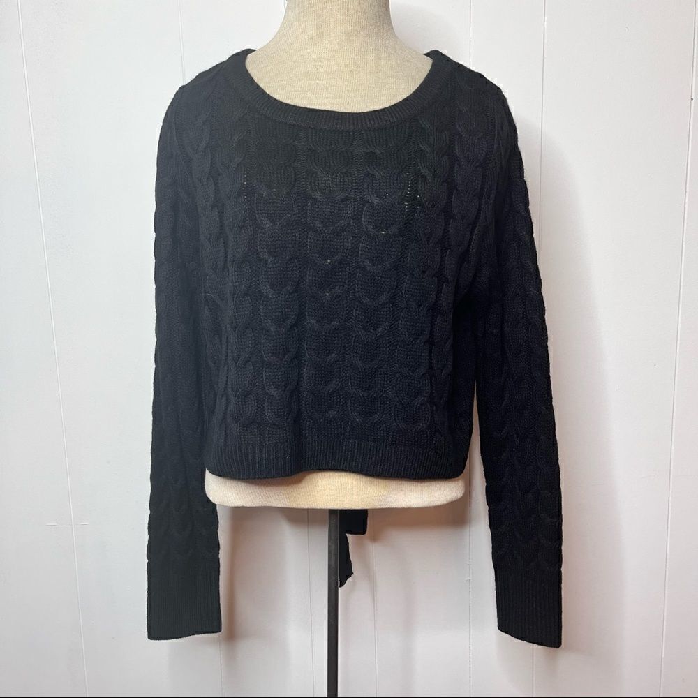 Lulus Tie Back Cable Knit Sweater Womens Medium Black Pullover Jumper